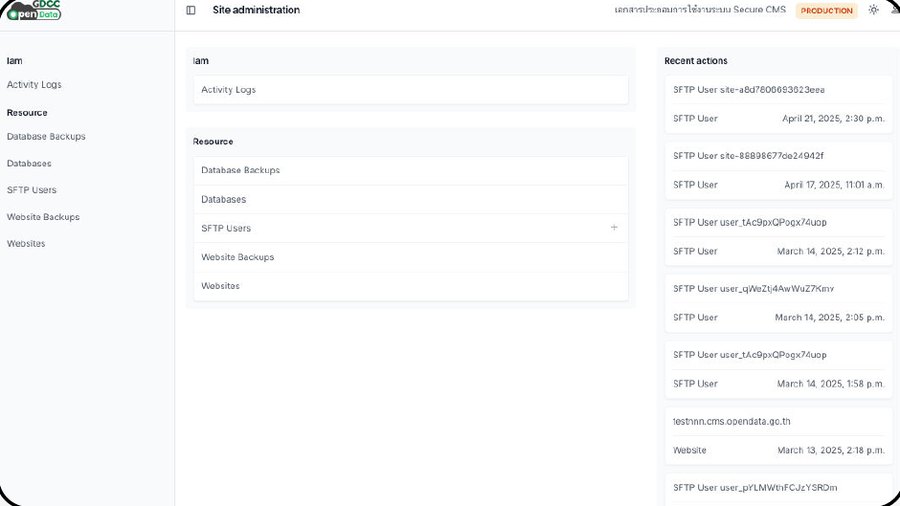 หน้าจอ CMS Console สำหรับบริหารจัดการเว็บไซต์ ไฟล์สำรอง และผู้ใช้
